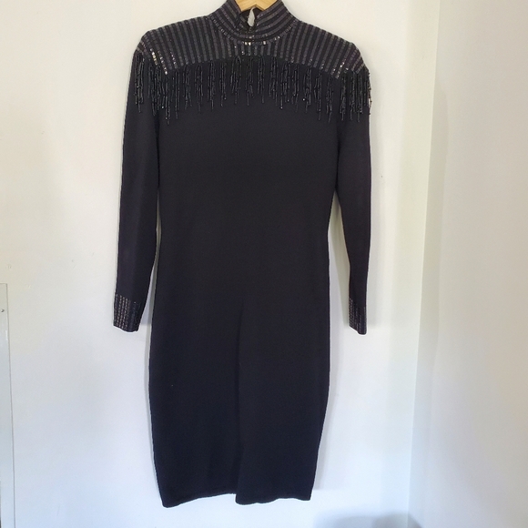 VTG ST JOHN EVENING 4 Black Santana Knit LS Dress Beads Dangles Paillettes 40